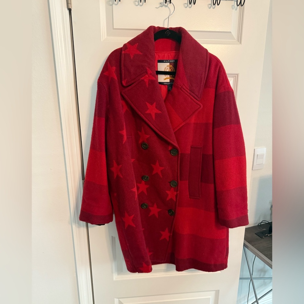 Tommy Hilfiger Red Pea Coat with Star Pattern